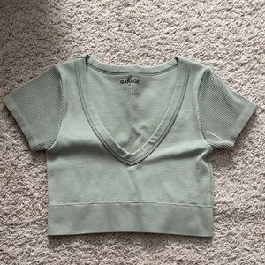 Garage Sage Green Ribbed V-Neck Crop Top